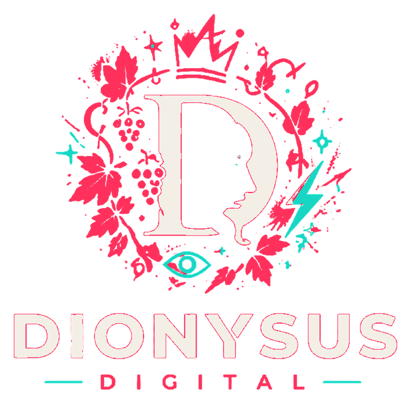 Dionysus Digital logo: an ivory D with a Greek profile inside a coral crown of vines, grapes and lightning