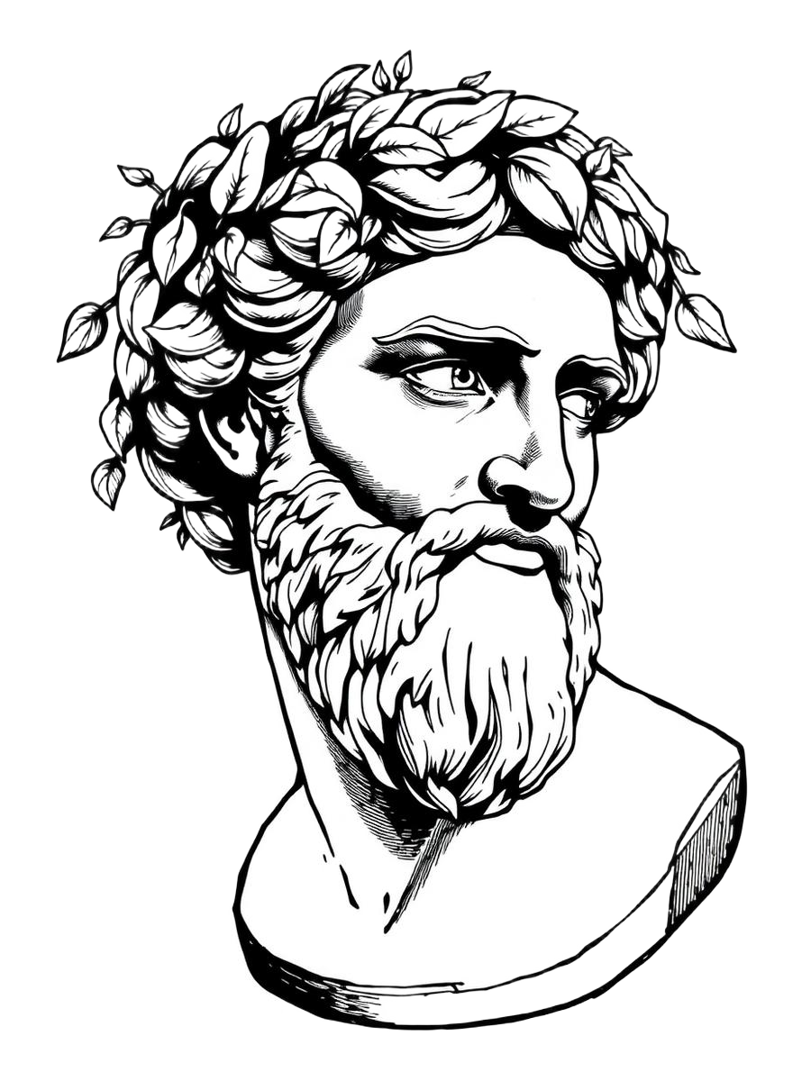 Stylised monochrome bust of Dionysus with a raised eyebrow